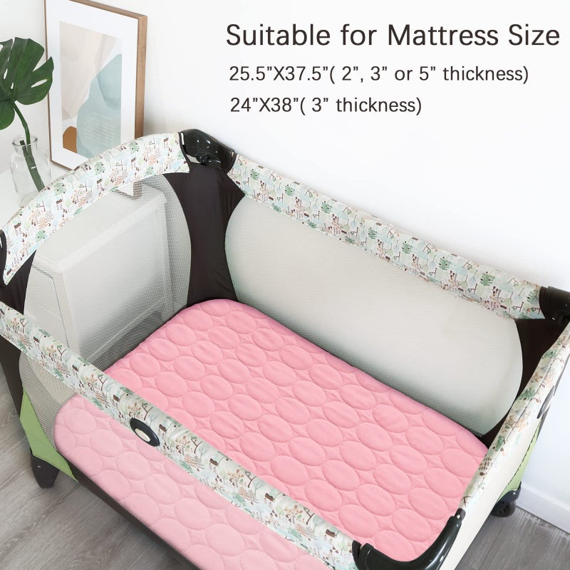 Biloban Pack and Play Protector Sheets Waterproof 2 Pack, Quilted Playard Mattress Pad Cover Fitted Fits for Graco Pack n Play Playard Mattress/Playpen Mattress, Gray & Pink, 39" x 27" - Image 5