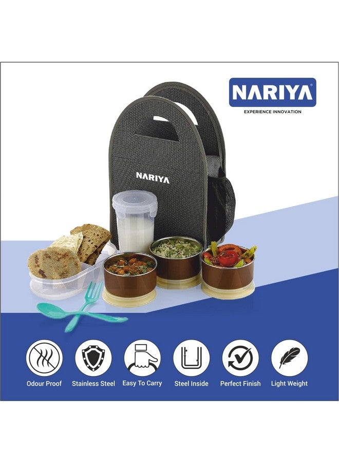 NARIYA صندوق غداء نارية من الفولاذ المقاوم للصدأ مع قدر 3 حاويات من الفولاذ المقاوم للصدأ لصندوق التيفين مع زجاجة بلاستيكية ومجموعة ملاعق للاستخدام اليومي في المكتب، الكلية، المدرسة (1750 مل، رمادي) - Image 2