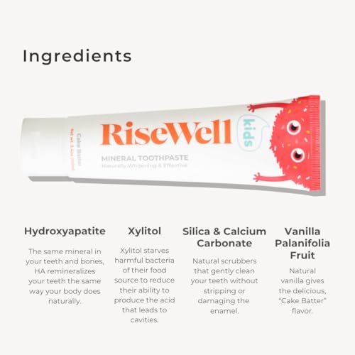 RiseWell معجون أسنان رايزويل للأطفال - معجون أسنان هيدروكسيباتيت للأطفال - مصنوع من قبل أطباء الأسنان، آمن للبلع، بدون فلورايد مضاف وطبيعي بالكامل - نكهة كعكة الباتير، 3.4 أونصة - Image 3