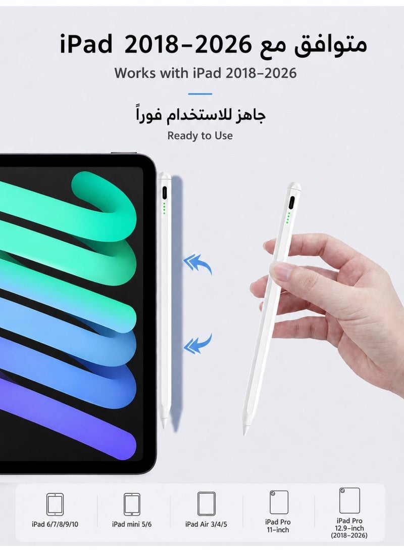 زابلين  قلم ذكي لأجهزة iPad (الجيل الحادي عشر 2025 A16 والجيل العاشر)، متوافق مع إصدارات iPad من 2018 إلى 2026، يدعم خاصية تجاهل راحة اليد وحساسية الإمالة، قابل للشحن عبر USB-C، ومناسب لأجهزة iPad Pro وAir وMini. - Image 4