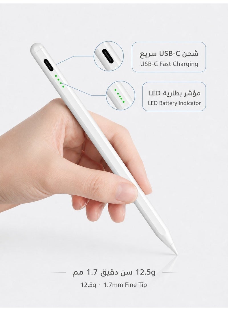 زابلين  قلم ذكي لأجهزة iPad (الجيل الحادي عشر 2025 A16 والجيل العاشر)، متوافق مع إصدارات iPad من 2018 إلى 2026، يدعم خاصية تجاهل راحة اليد وحساسية الإمالة، قابل للشحن عبر USB-C، ومناسب لأجهزة iPad Pro وAir وMini. - Image 5