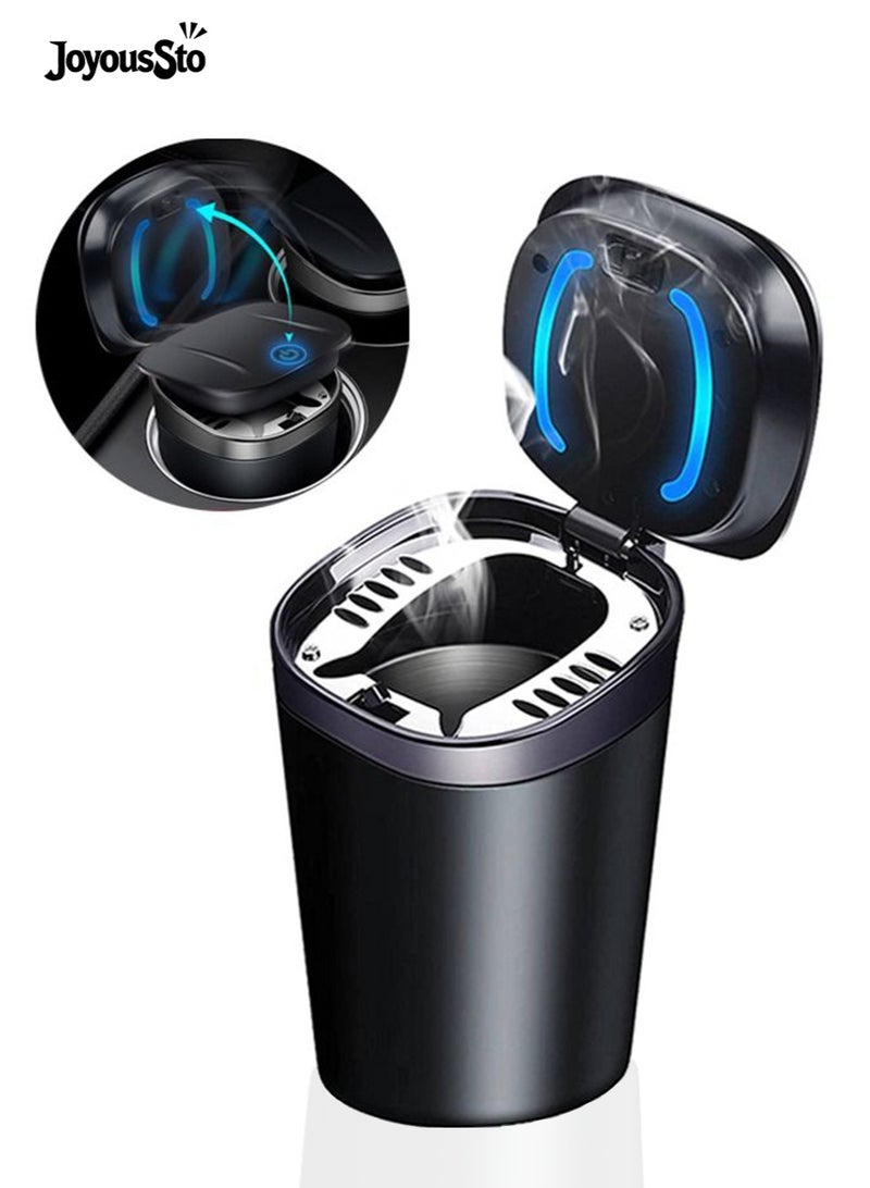 JoyousSto Car Ashtray with Lid Smell Proof, Smokeless Ashtray, Mini Car Trash Can, Detachable Stainless Steel Ash Tray with Lid and LED Blue Light - Image 1