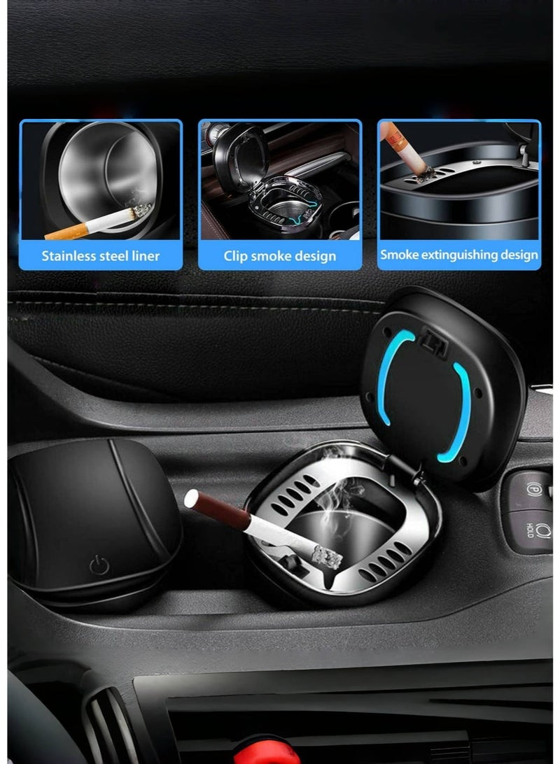 JoyousSto Car Ashtray with Lid Smell Proof, Smokeless Ashtray, Mini Car Trash Can, Detachable Stainless Steel Ash Tray with Lid and LED Blue Light - Image 2