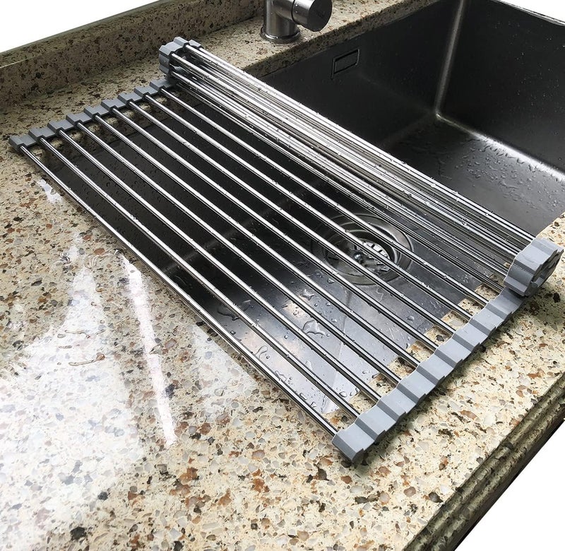 Tomorotec Roll Up Dish Drying Rack - Portable Stainless Steel Over The Sink Kitchen Drainer, 45 x 30 cm, Gray - Image 1