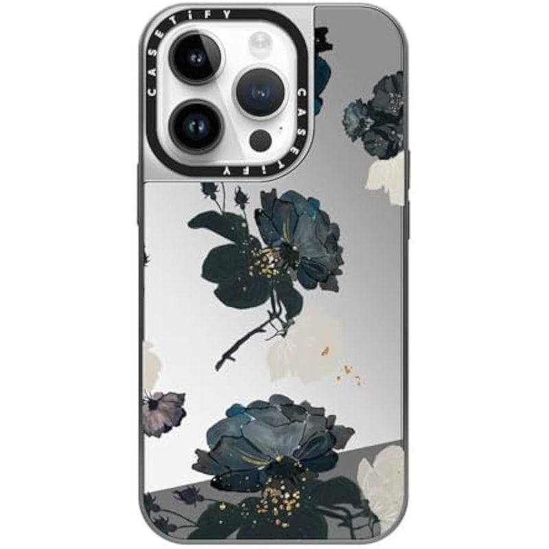Casetify Mirror Case for iPhone 14 Pro Compatible with Magsafe - White and Black Floral - Silver on Silver - Image 1
