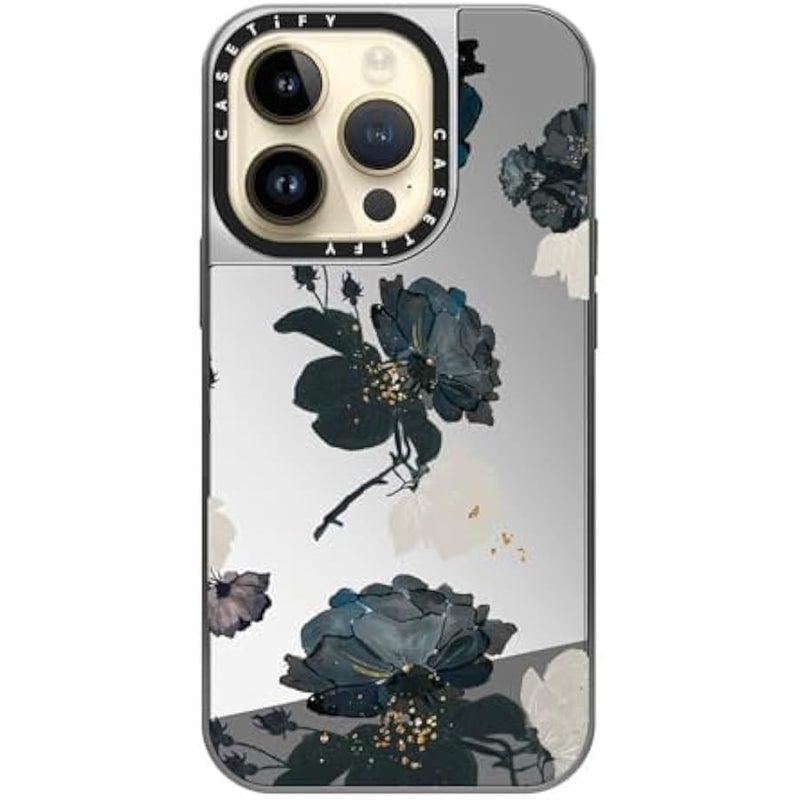 Casetify Mirror Case for iPhone 14 Pro Compatible with Magsafe - White and Black Floral - Silver on Silver - Image 4