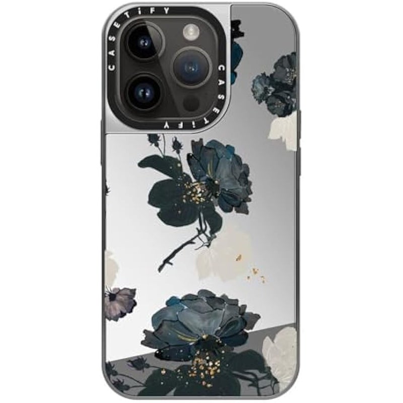 Casetify Mirror Case for iPhone 14 Pro Compatible with Magsafe - White and Black Floral - Silver on Silver - Image 3