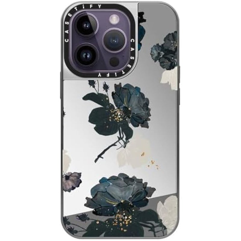 Casetify Mirror Case for iPhone 14 Pro Compatible with Magsafe - White and Black Floral - Silver on Silver - Image 2
