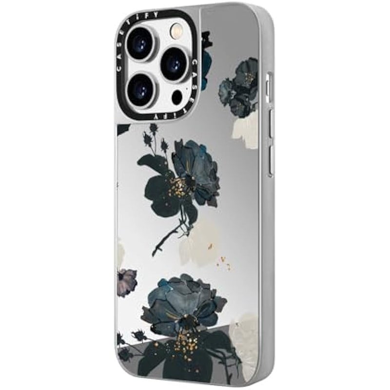 Casetify Mirror Case for iPhone 14 Pro Compatible with Magsafe - White and Black Floral - Silver on Silver - Image 5