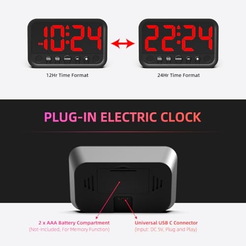 XUANZIT Small LED Digital Clock for Bedroom, Loud Alarm Clock for Heavy Sleepers Adults, Teens | Plug-In Electric Desk Clock | Simple Bedside Nightstand Clock with Adjustable Volume/Brightness/Snooze – Red - Image 5