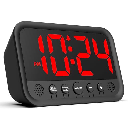 XUANZIT Small LED Digital Clock for Bedroom, Loud Alarm Clock for Heavy Sleepers Adults, Teens | Plug-In Electric Desk Clock | Simple Bedside Nightstand Clock with Adjustable Volume/Brightness/Snooze – Red - Image 2