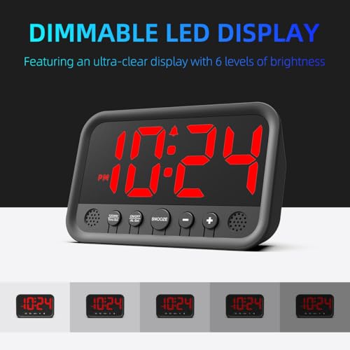 XUANZIT Small LED Digital Clock for Bedroom, Loud Alarm Clock for Heavy Sleepers Adults, Teens | Plug-In Electric Desk Clock | Simple Bedside Nightstand Clock with Adjustable Volume/Brightness/Snooze – Red - Image 4