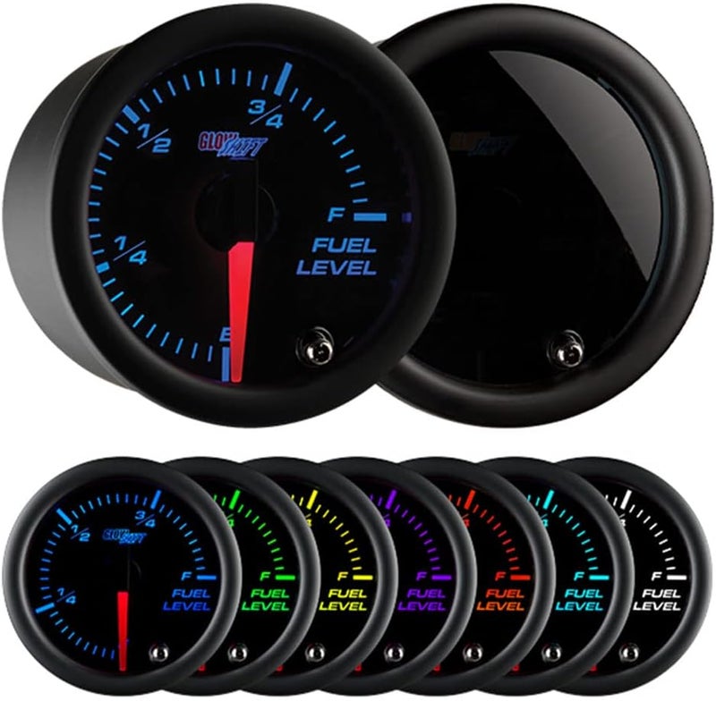 GLOWSHIFT Tinted 7 Color Adjustable Fuel Level Gauge for Gas & Diesel Vehicles - Select Various OHM Ranges - Includes Wiring - Multi-Color Display - Black Dial - Smoked Lens - 2-1/16" 52mm - Image 1