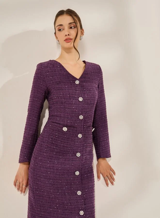 Styli Purple Embellished Tweed Midi Dress