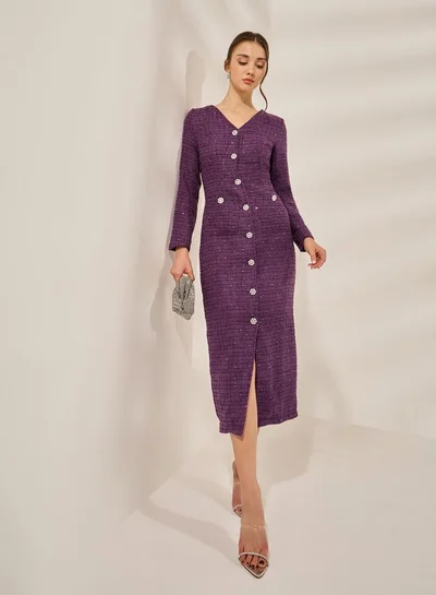 Styli Purple Embellished Tweed Midi Dress