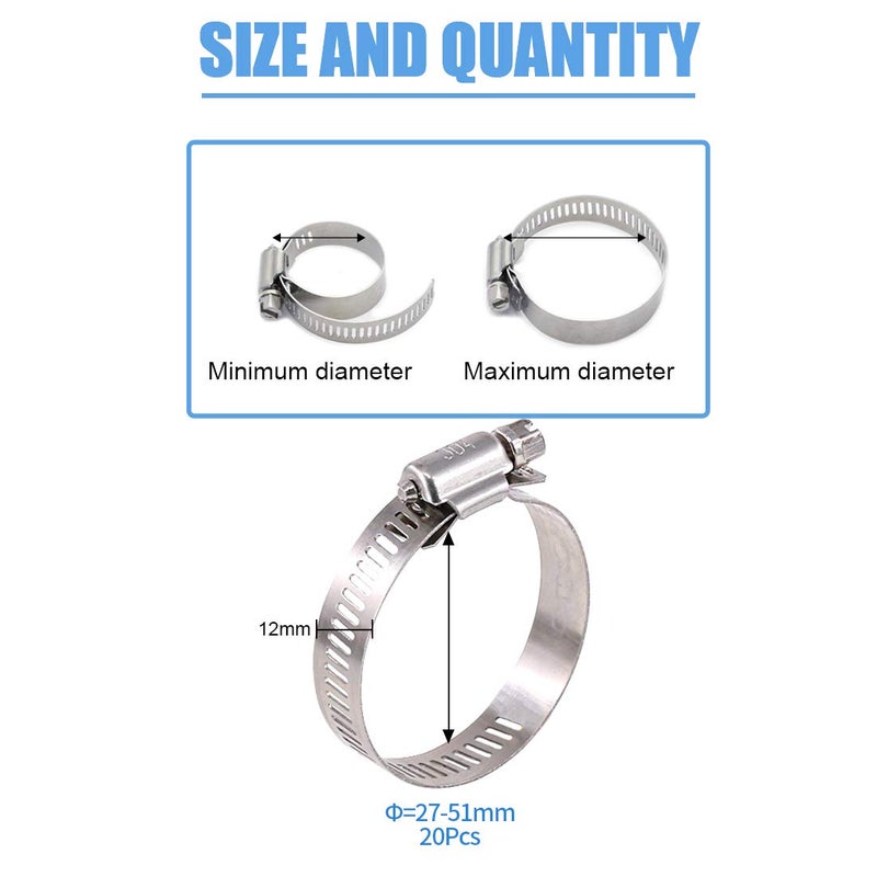 Glarks 20Pcs 304 Stainless Steel Adjustable 27-51MM Range Worm Gear Hose Clamps Assortment Kit, Fuel Line Clamp for Water Pipe, Plumbing, Automotive and Mechanical Application (27-51MM) - Image 2