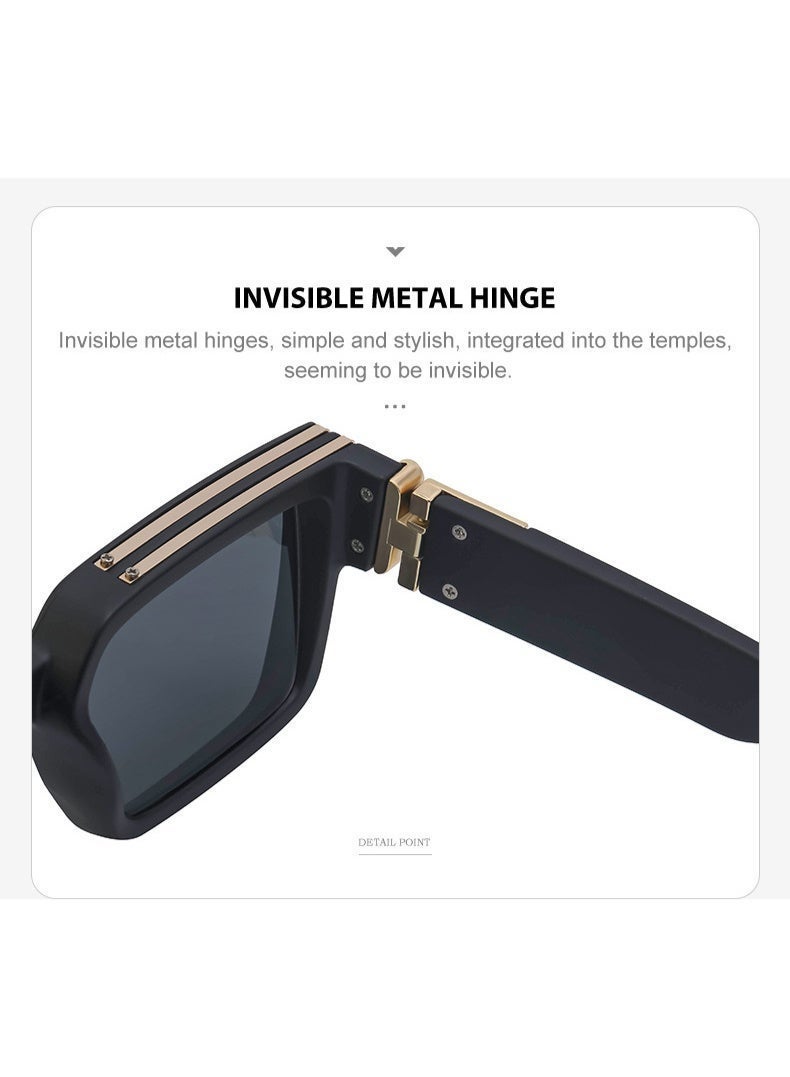 Punk Square Sunglasses for Men Women, Retro Metal Frame Sunglasses, UV400 Protection Classic Black Sunglasses, Trendy Rectangular Shades with Inlaid Metal Bars - Image 2
