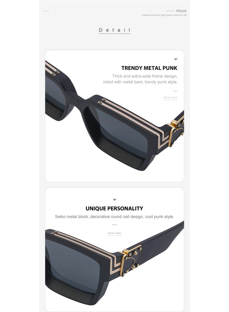 Punk Square Sunglasses for Men Women, Retro Metal Frame Sunglasses, UV400 Protection Classic Black Sunglasses, Trendy Rectangular Shades with Inlaid Metal Bars - Image 3