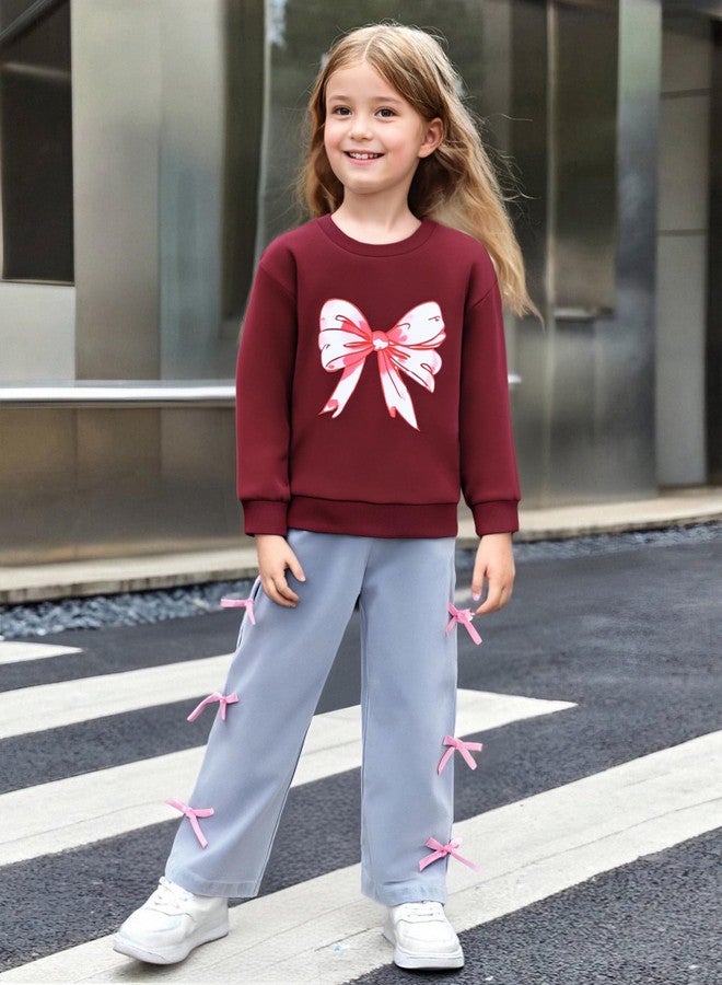 Perdeca Baby Girl Clothes Bow Print Crewneck Sweatshirt Straight Denim Jeans 2 Piece Girl Outfits 12-18 Months - Image 2
