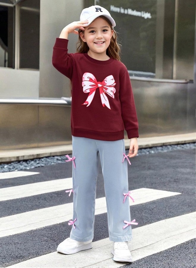 Perdeca Baby Girl Clothes Bow Print Crewneck Sweatshirt Straight Denim Jeans 2 Piece Girl Outfits 12-18 Months - Image 3
