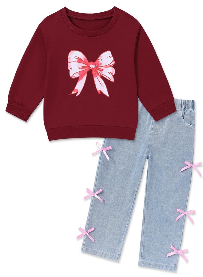 Perdeca Baby Girl Clothes Bow Print Crewneck Sweatshirt Straight Denim Jeans 2 Piece Girl Outfits 12-18 Months - Image 1