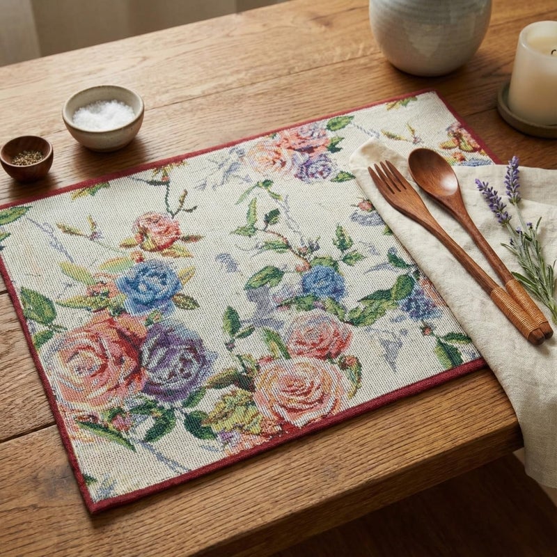 DaDa Bedding Vintage Romantic Roses Floral Dining Table Placemats - Set of 4-Pieces Tapestry Lovely Valentine Blossoms Spring Summer Garden - Decorative Linen Woven Kitchen Mats - 13” x 19” (879) - Image 1