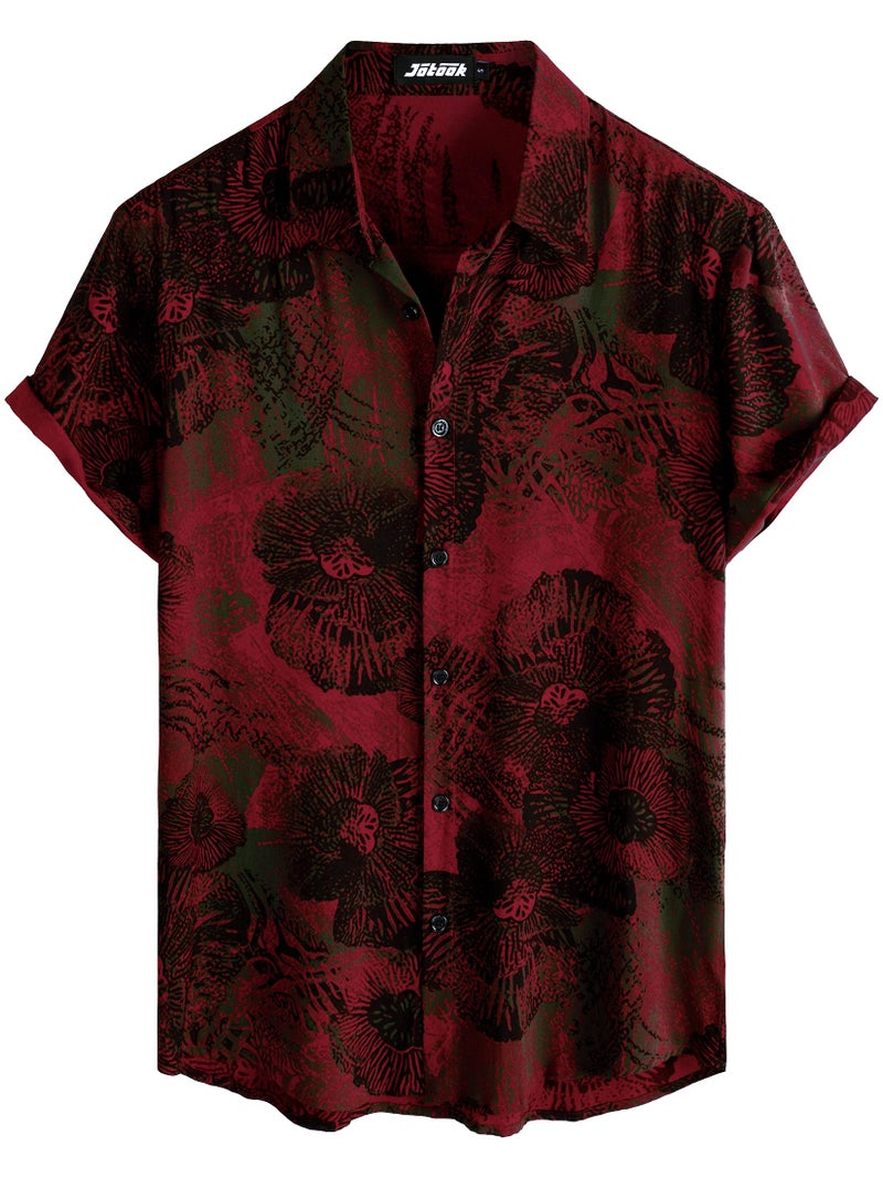 JOTOOK Mens Hawaiian Shirt Short Sleeve Button Down Tropical Shirts Casual Floral Summer Beach Shirt X-Large WineRed - Image 1