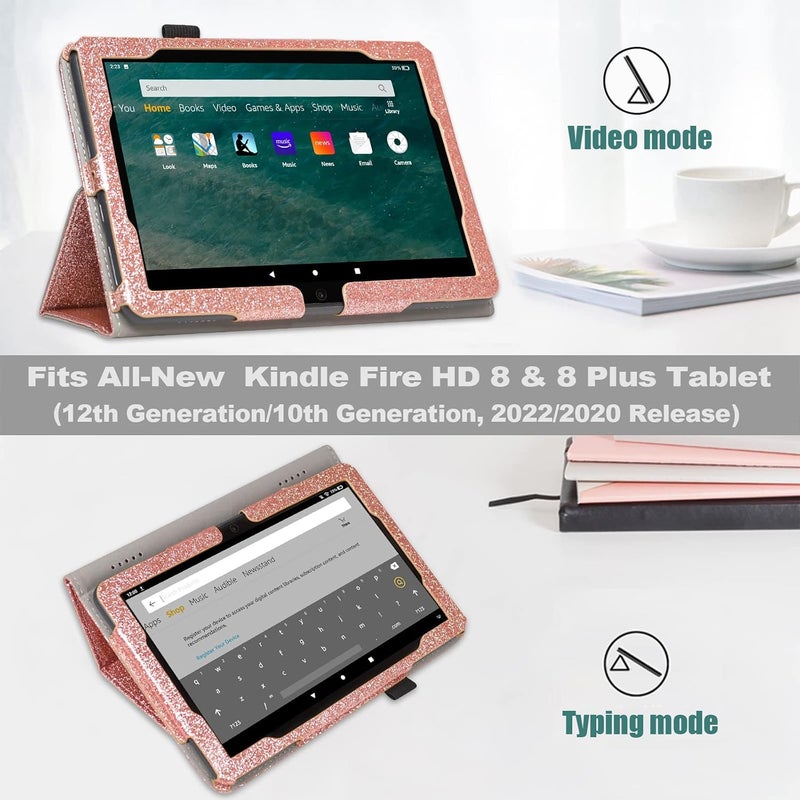 ايسدريم غلاف للوحة Fire HD 8 & 8 Plus الجديدة تمامًا (الجيل الثاني عشر/الجيل العاشر، إصدار 2022/2020)، غلاف فوليو من الجلد، حامل قابل للطي، تشغيل/إيقاف تلقائي، حزام يد، فتحات بطاقات، روز لامع - Image 3