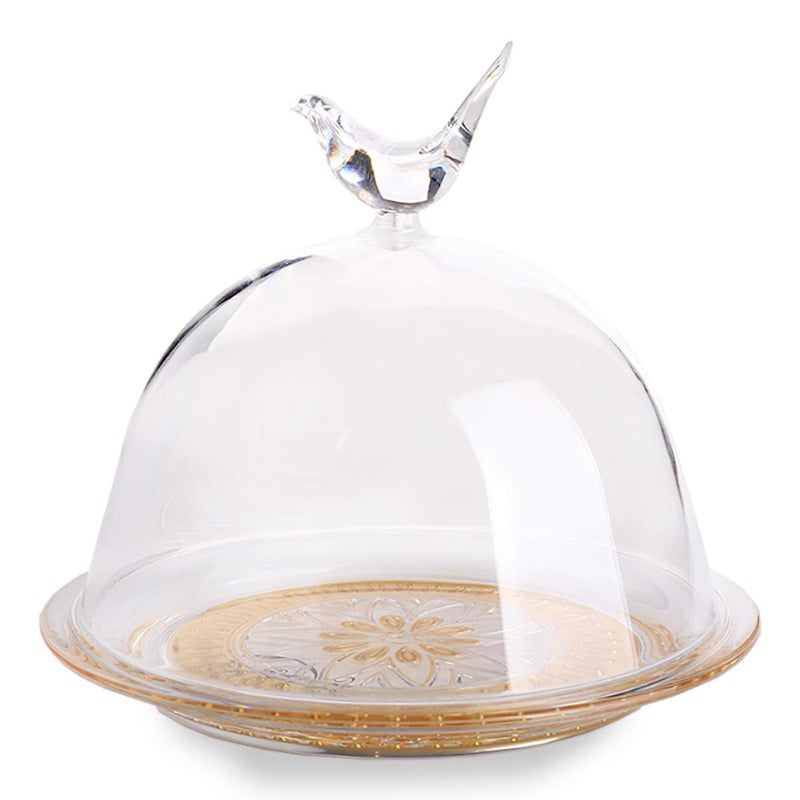 Soleter Acrylic Cake Stand with Dome Cover & Bird Finial – Clear/Gold, Shatterproof Reusable Cloche with Gold Floral Pattern Base, Eco-Friendly Premium Serveware for Desserts, Weddings & Special Occasions - Image 1
