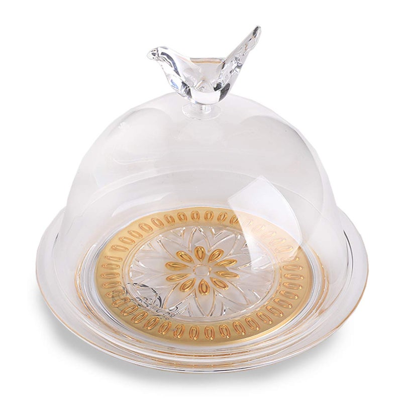 Soleter Acrylic Cake Stand with Dome Cover & Bird Finial – Clear/Gold, Shatterproof Reusable Cloche with Gold Floral Pattern Base, Eco-Friendly Premium Serveware for Desserts, Weddings & Special Occasions - Image 2