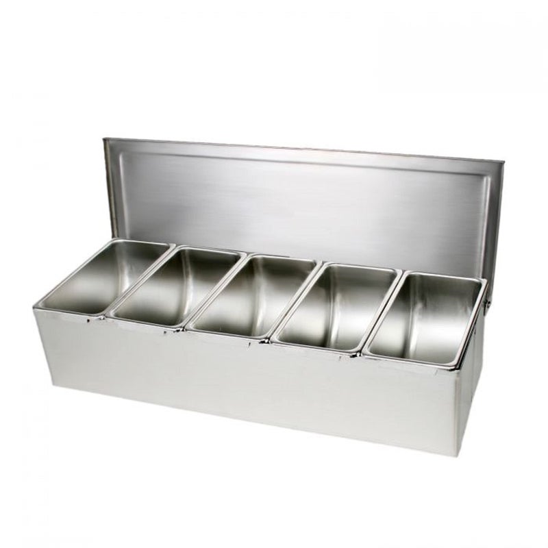 TrueCraftware 5 Compartment Stainless Steel Condiment Bar (Open Bottom)- Condiment Dispenser Serving Container Garnish Tray Bar Caddy Condiment Server Caddy Garnish Holder for Home Work Restaurant - Image 1