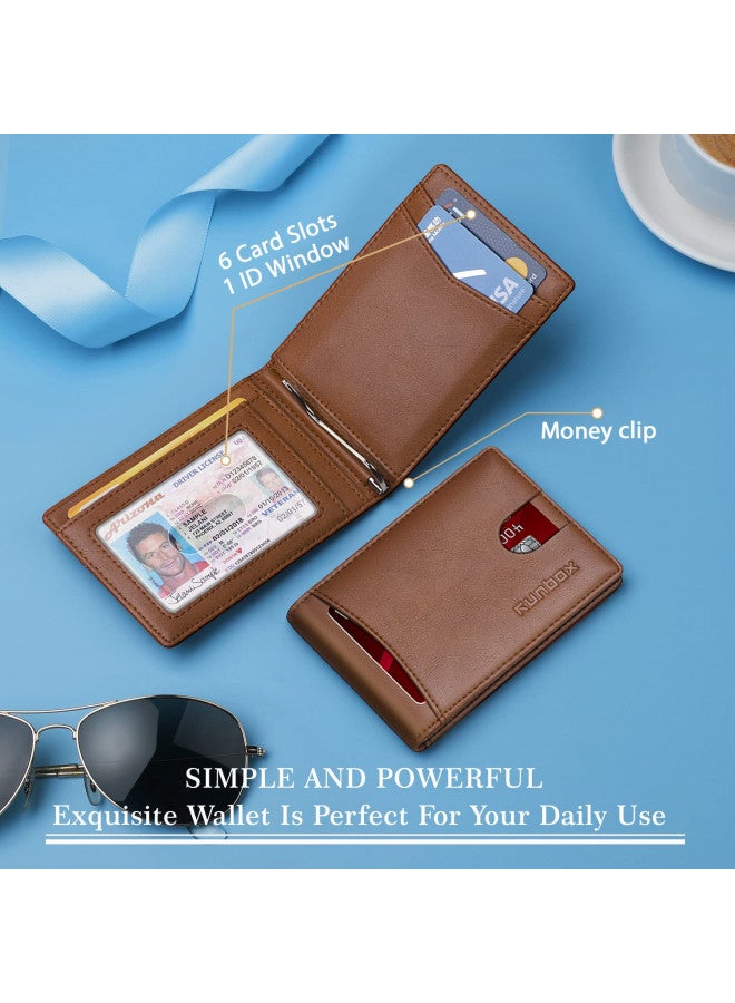 RUNBOX Genuine Leather Slim Wallet for Men RFID Blocking Bifold Minimalist Front Pocket Mens Wallet with Money Clip Thin Gift Box - Image 1