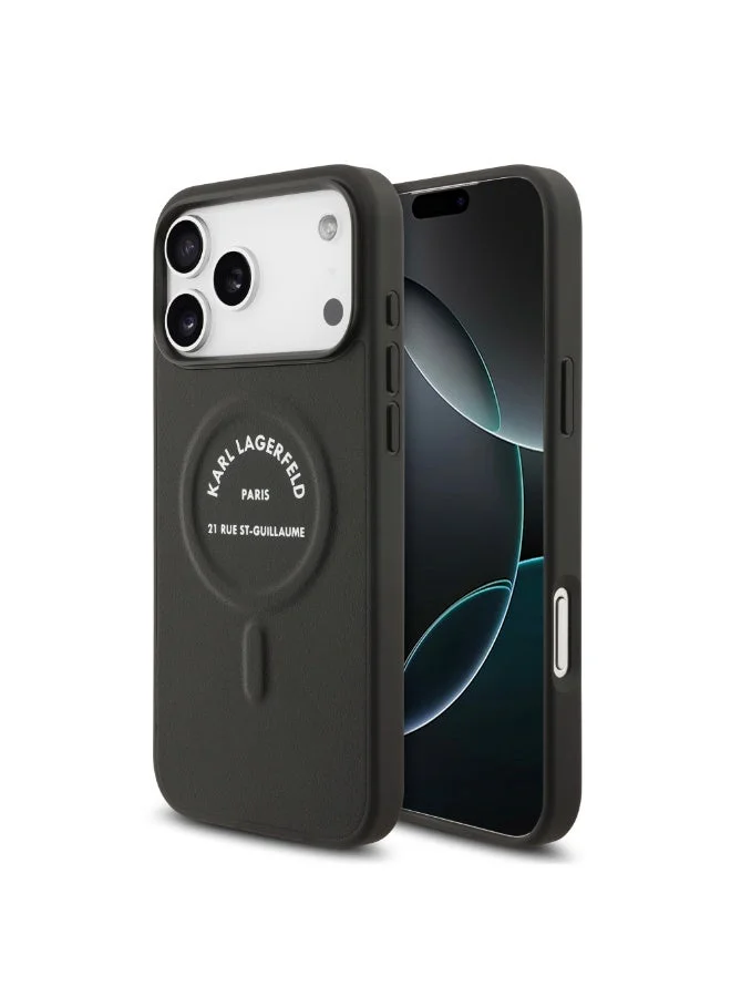 Karl Lagerfeld iPhone 18 Pro Max MagSafe Case Embossed PU Leather Hard Cover with RSG Logo for iPhone