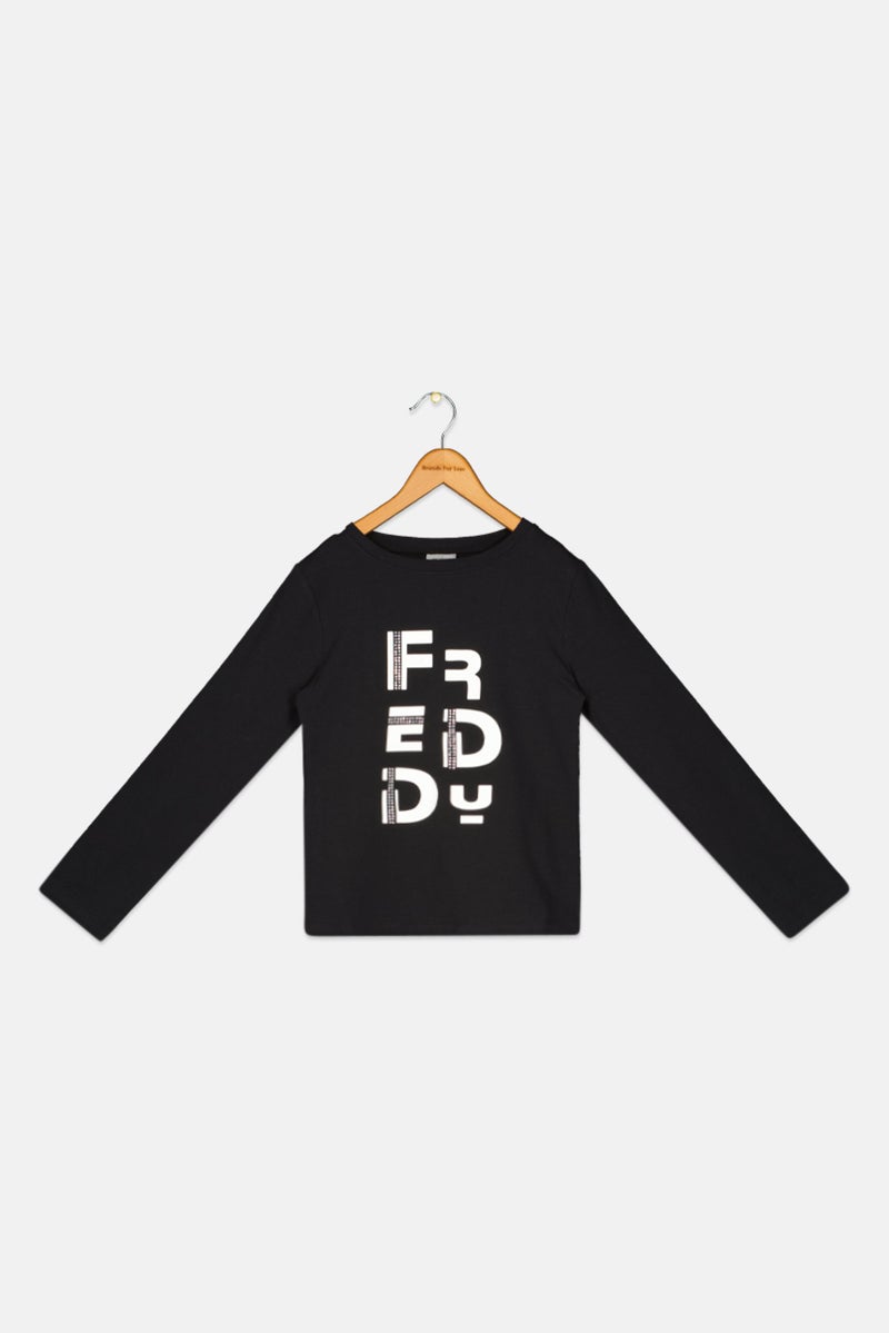 FREDDY Kids Girl Round Neck Long Sleeve Textured Tees, Black  - Image 1