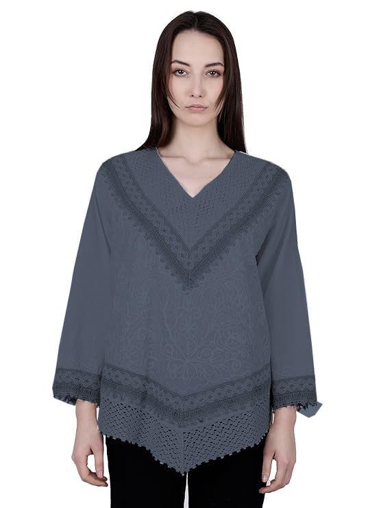 Ukal Hand Embroidered Bige Top/Full Sleeves Cotton Tunic/Summer Short Ethnic Chikan Relaxed Fit Kurti/Boho Short Ethnic Dress for Women (in, Alpha, M, Dark_Grey) - Image 4
