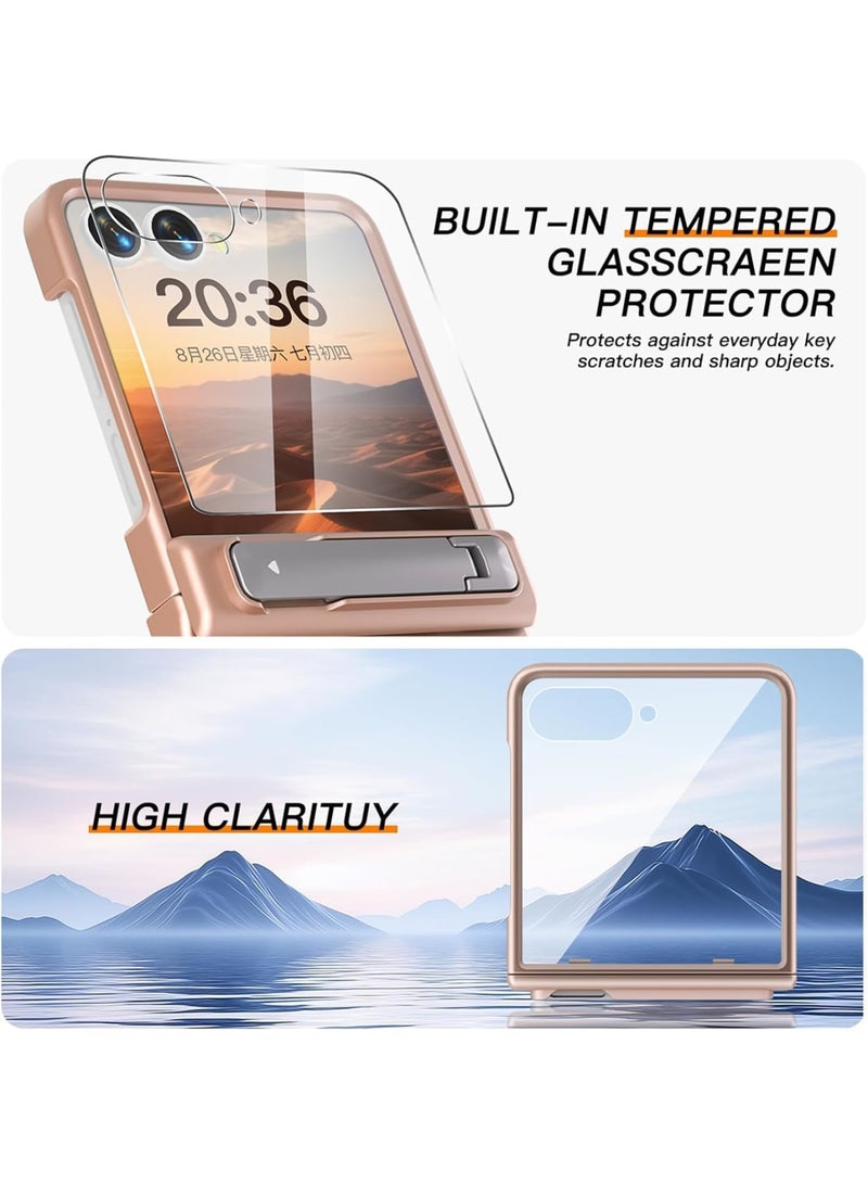 SYOSI Phone Case for Galaxy Z Flip 7, Shockproof Slim Phones Cover, Hard Plastic Protective Cases with Kickstand and Hinge Covers, Built-in Tempered Glass Screen Protector for Daily Use (Rosegold) - Image 3