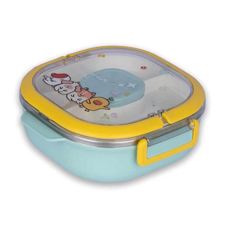 DAYANIDHI MultiPurpose Leakproof Two Layers Food Storage Box for Boys and Girls Stainless Steel Seasoning Box for Kids with Sauce Box Plastic Tray Spoon Fork and Easy Lock Multicolor - Image 1