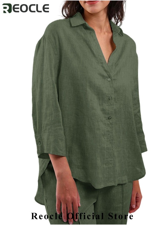 REOCLE - Women's 2 Piece Outfit Linen Lapel Long Sleeve Shirt & Wide Leg Pants Sets Spring Autumn Casual Solid Color Loungewear - Image 1