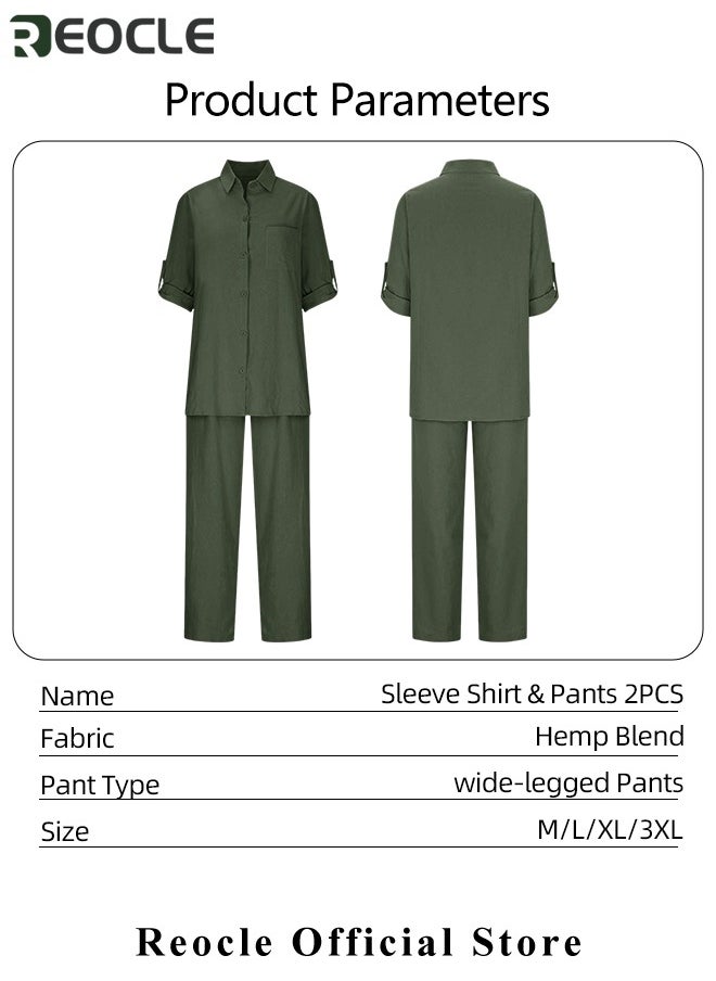REOCLE - Women's 2 Piece Outfit Linen Lapel Long Sleeve Shirt & Wide Leg Pants Sets Spring Autumn Casual Solid Color Loungewear - Image 1