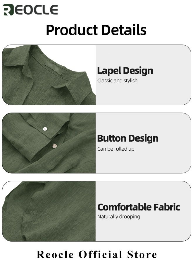 REOCLE - Women's 2 Piece Outfit Linen Lapel Long Sleeve Shirt & Wide Leg Pants Sets Spring Autumn Casual Solid Color Loungewear - Image 1