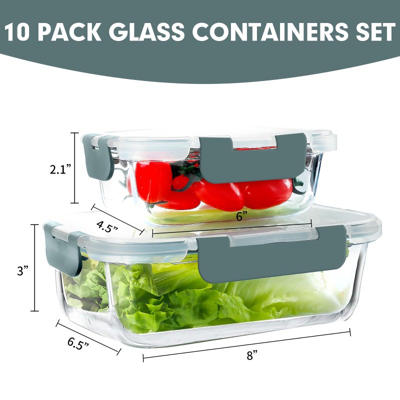 VERONES 10 Pack Glass Meal Prep Containers, Airtight Glass Lunch Containers, Stackable Glass Food Storage Containers Set with Lids,Exclusive of BPA,for Microwave, Oven, Freezer & Dishwasher,Grey - Image 2
