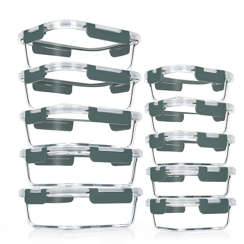 VERONES 10 Pack Glass Meal Prep Containers, Airtight Glass Lunch Containers, Stackable Glass Food Storage Containers Set with Lids,Exclusive of BPA,for Microwave, Oven, Freezer & Dishwasher,Grey - Image 1