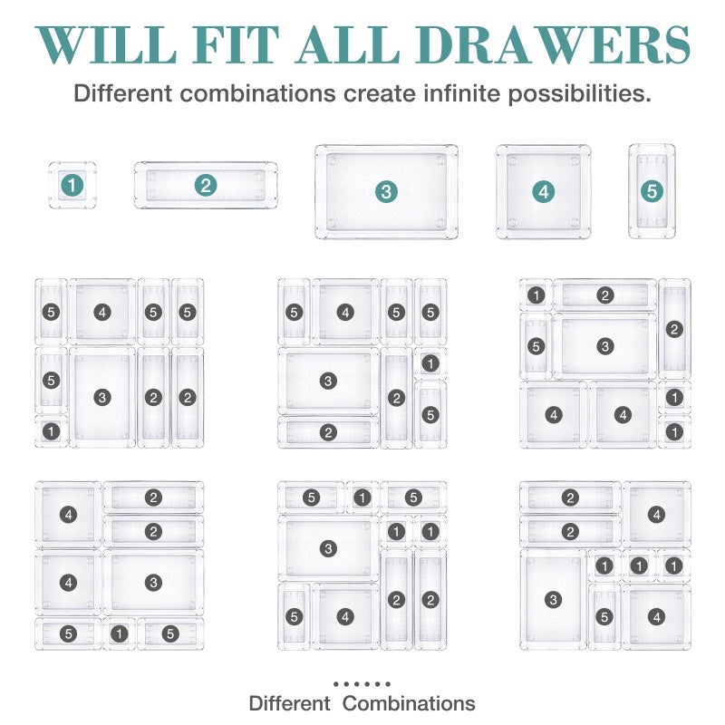 StorMiracle 16 PCS Drawer Organizer Set, 5 Varied Size Bathroom and kitchen Drawer cabinet organizer Trays, Clear Storage Bins for Makeup, Jewelry, Utensils and Gadgets - Image 4