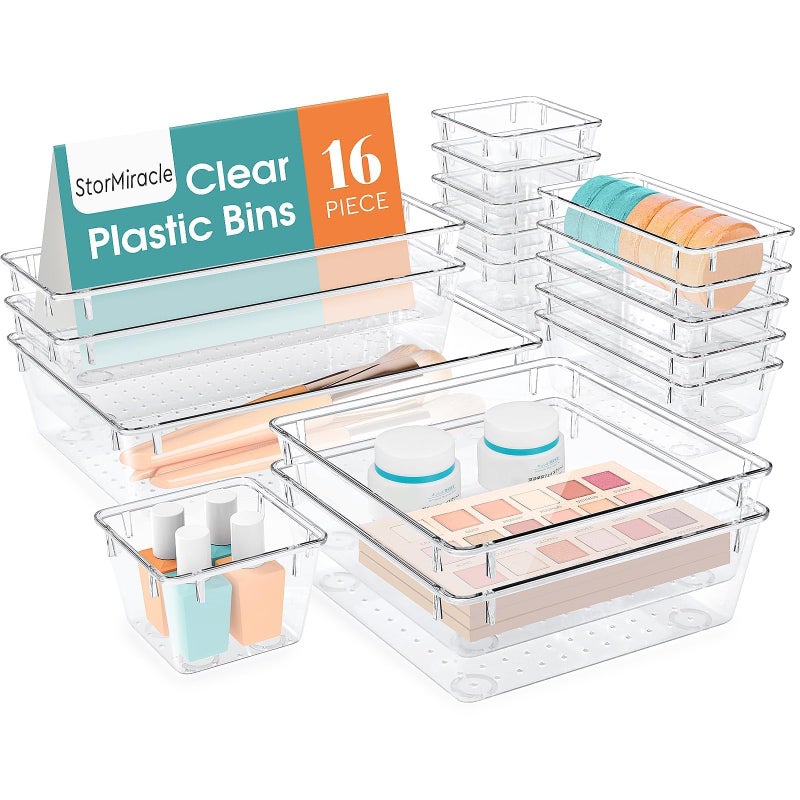 StorMiracle 16 PCS Drawer Organizer Set, 5 Varied Size Bathroom and kitchen Drawer cabinet organizer Trays, Clear Storage Bins for Makeup, Jewelry, Utensils and Gadgets - Image 1