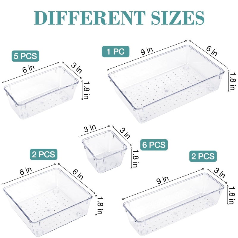 StorMiracle 16 PCS Drawer Organizer Set, 5 Varied Size Bathroom and kitchen Drawer cabinet organizer Trays, Clear Storage Bins for Makeup, Jewelry, Utensils and Gadgets - Image 2
