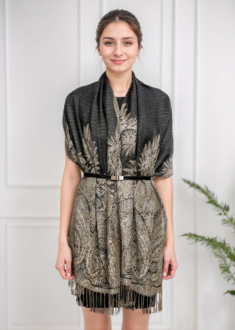 Achillea Soft Silky Reversible Paisley Pashmina Shawl Wrap Scarf w/Fringes (Big Paisley Black) - Image 5