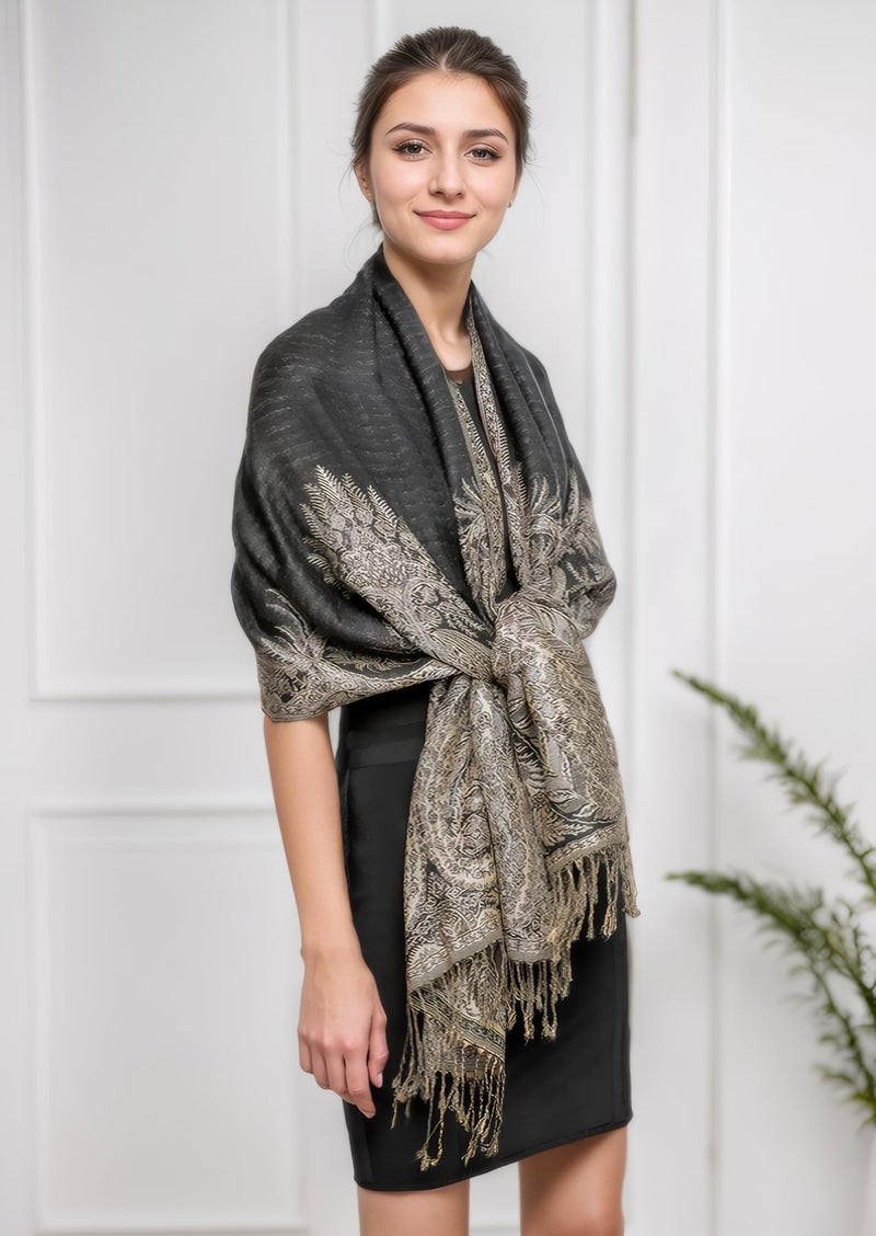 Achillea Soft Silky Reversible Paisley Pashmina Shawl Wrap Scarf w/Fringes (Big Paisley Black) - Image 4