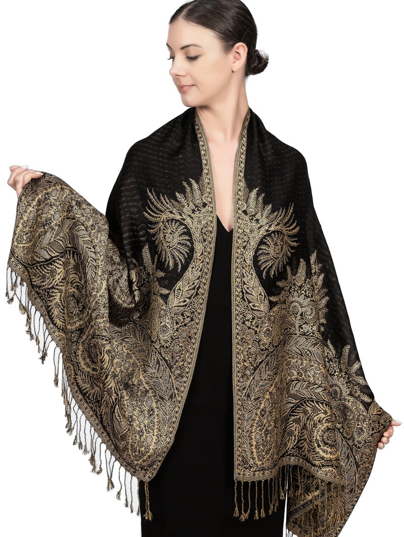 Achillea Soft Silky Reversible Paisley Pashmina Shawl Wrap Scarf w/Fringes (Big Paisley Black) - Image 1