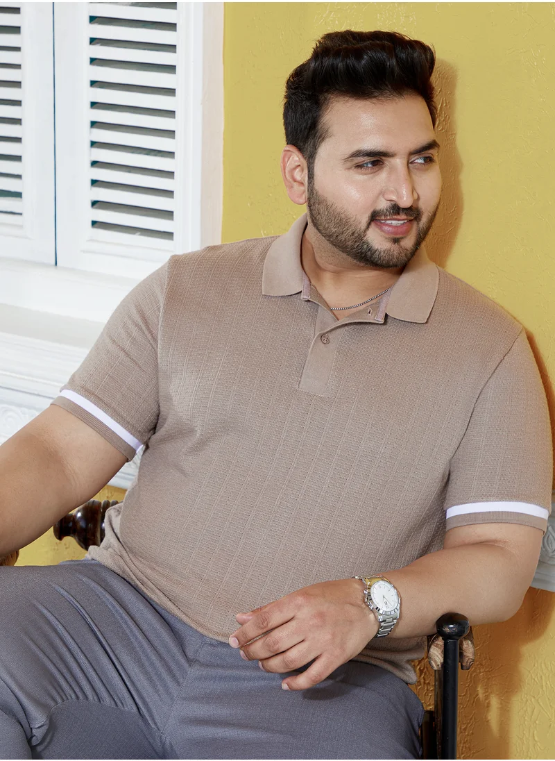انستافاب بلس Instafab Plus Men's Hazelnut Beige Textured Polo T-Shirt For Casual Wear | Polo Neck | Short Regular Sleeves | Half-Button Closure | Plus Size T-Shirt Crafted With Comfort Fit For Everyday Wear