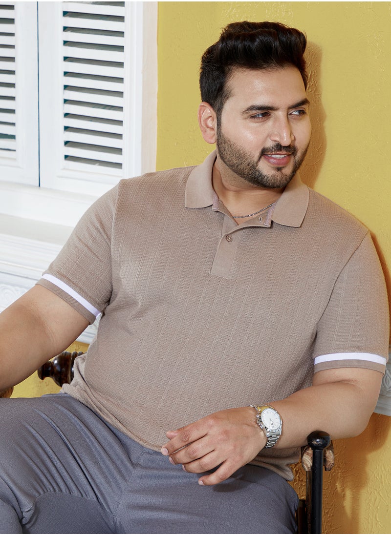Instafab Plus Instafab Plus Men's Hazelnut Beige Textured Polo T-Shirt For Casual Wear | Polo Neck | Short Regular Sleeves | Half-Button Closure | Plus Size T-Shirt Crafted With Comfort Fit For Everyday Wear  - Image 1